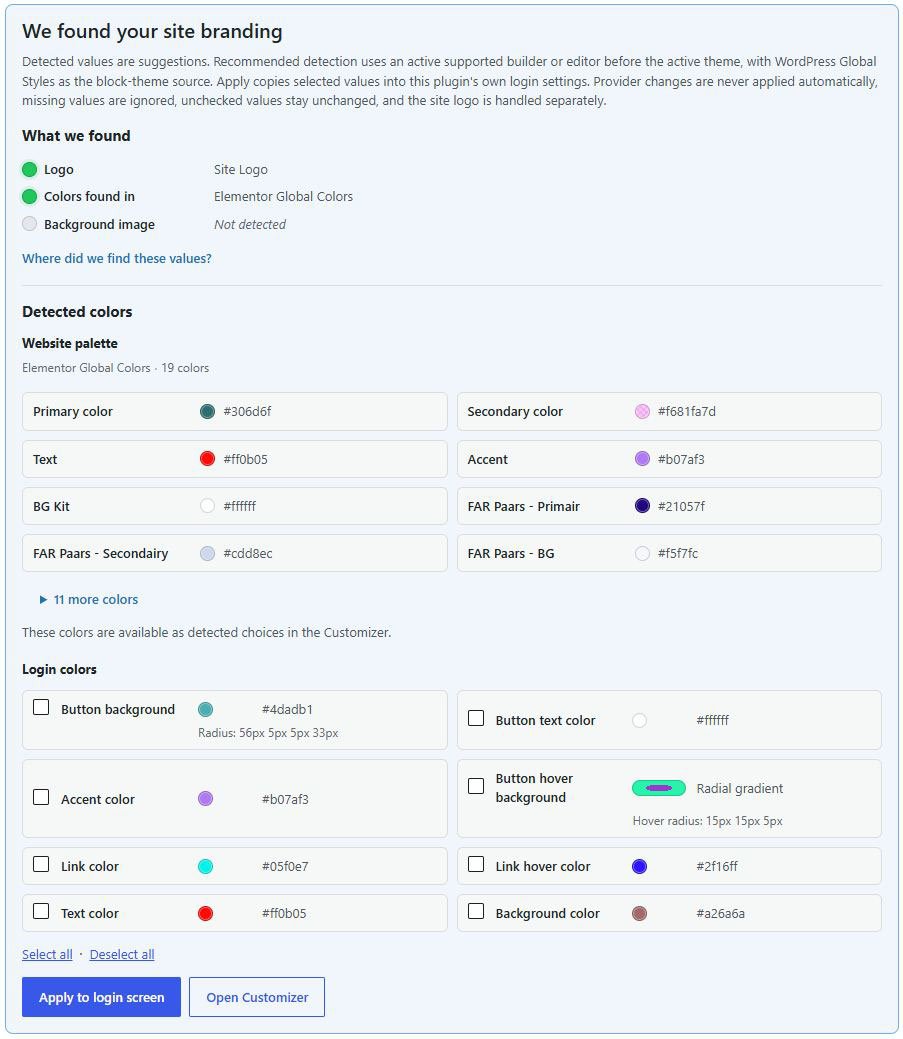 Elementor Global Colors detected by DP Login Branding